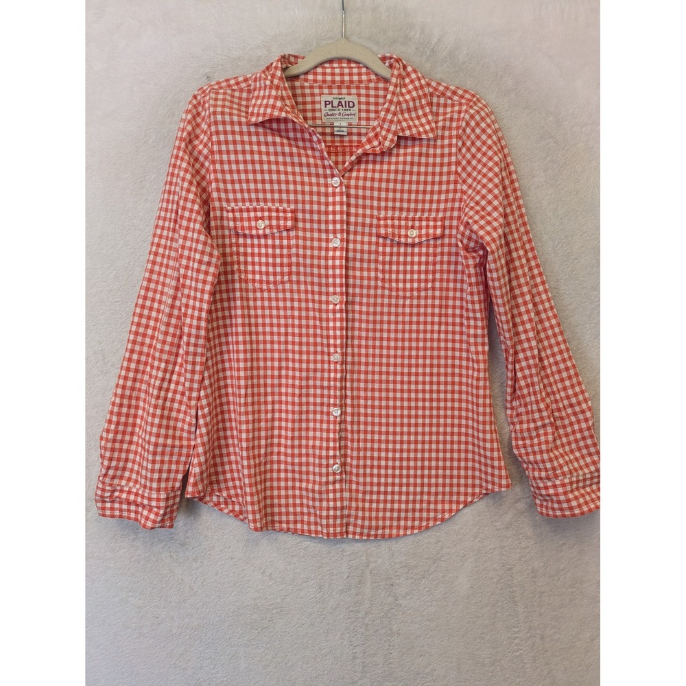 Old Navy Button Down Women's S Orange Gingham Plaid Long Sleeve Pockets